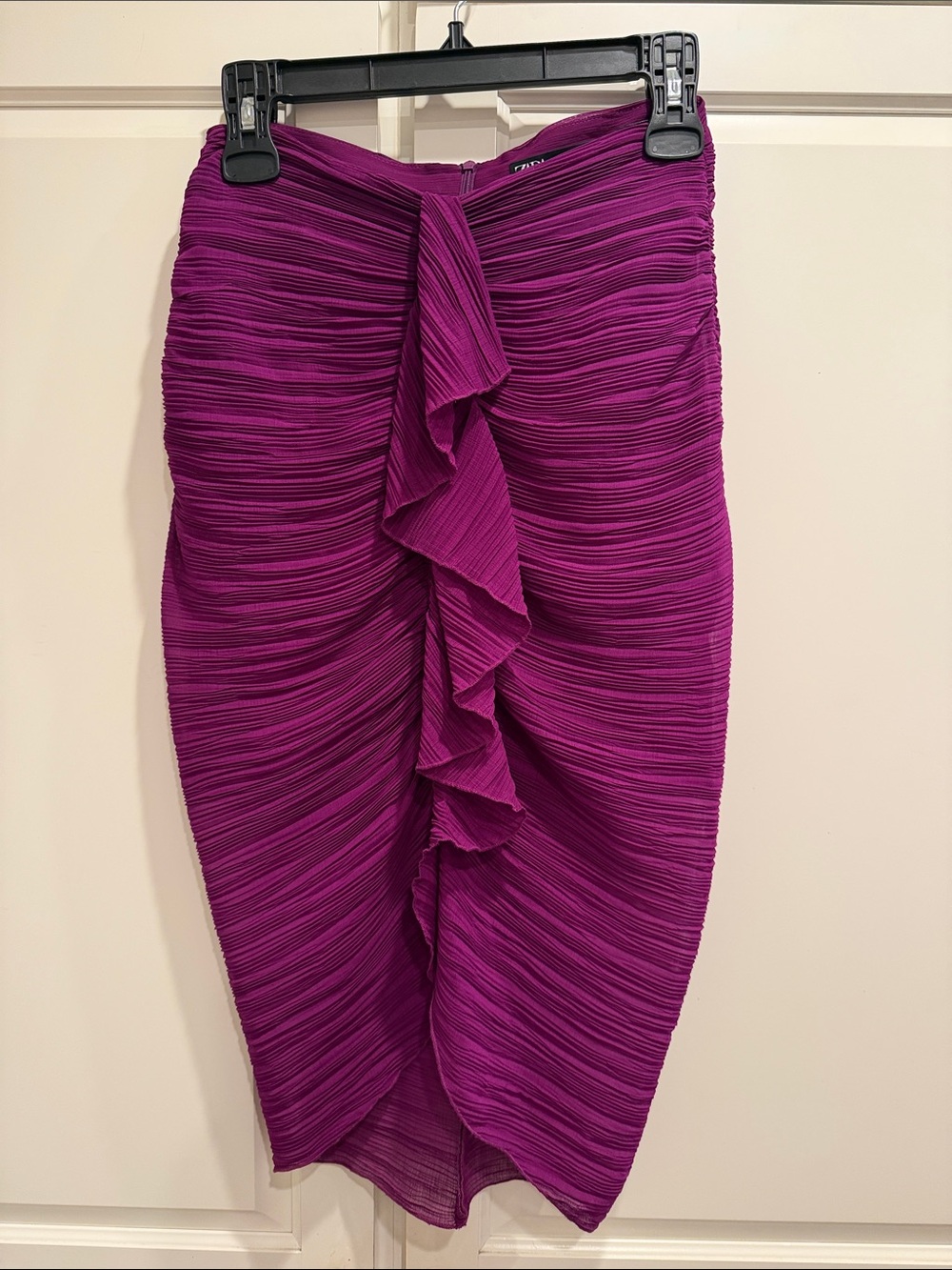 Zara Magenta Ruched Pencil Skirt with Front Ruffle